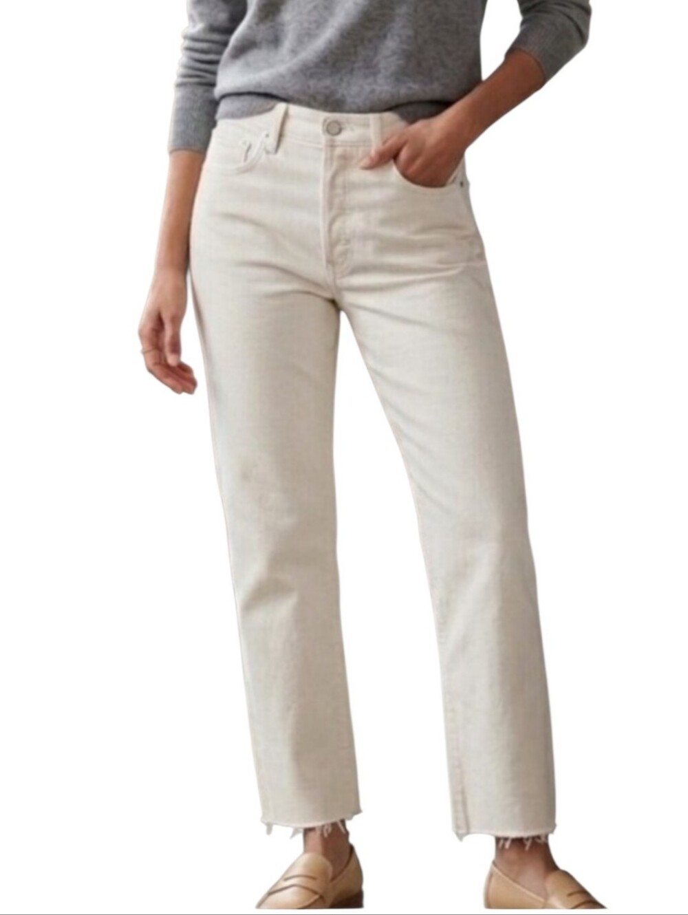 LOFT Frayed High Waisted Straight Crop Stone Cream Color Jeans 99% Cotton Sze 25